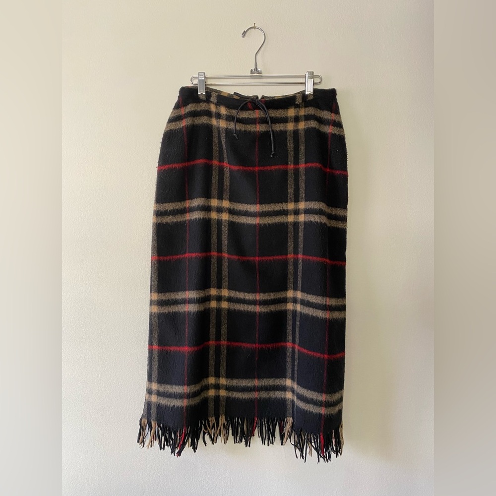 Vintage 1990s J Marco Galleries Plaid Wool Blend Fringe Skirt Size 8 academia